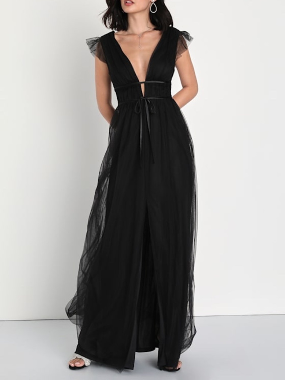 Lulus I'm All Yours Black Tulle Ruffled Maxi Dress - Size XS